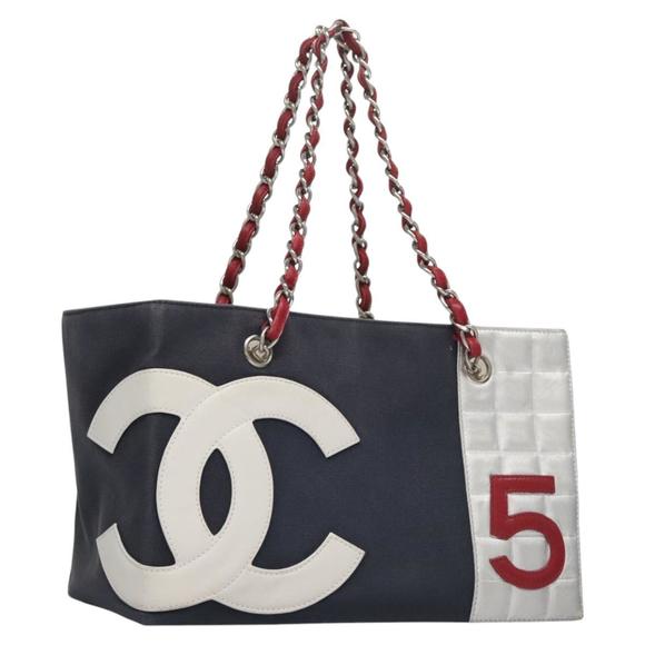 CHANEL Choco Bar Shoulder Bag No5 Canvas Silver Navy CC Auth 109811 - Picture 1 of 16